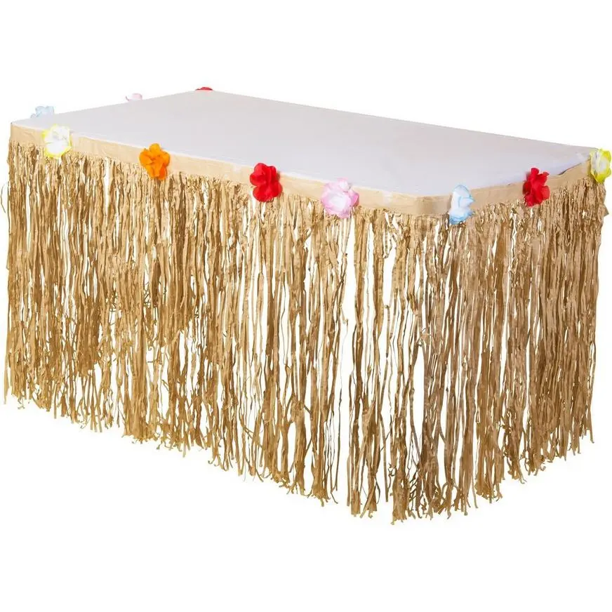 Tan Faux Grass Tissue Paper Fringe Table Skirt With Multicolor Fabric Flowers, 10ft X 29in