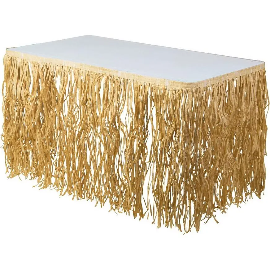 Tan Raffia Grass Fringe Table Skirt, 9ft X 28in