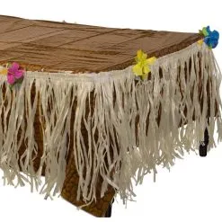 Faux Woven Luau Plastic Table Cover & Tan Raffia Grass Fringe Table Skirt With Flowers Set