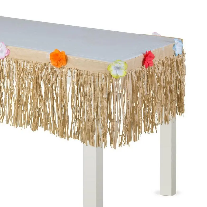 Tan Faux Grass Tissue Paper Fringe Table Skirt With Multicolor Fabric Flowers, 9ft X 15in