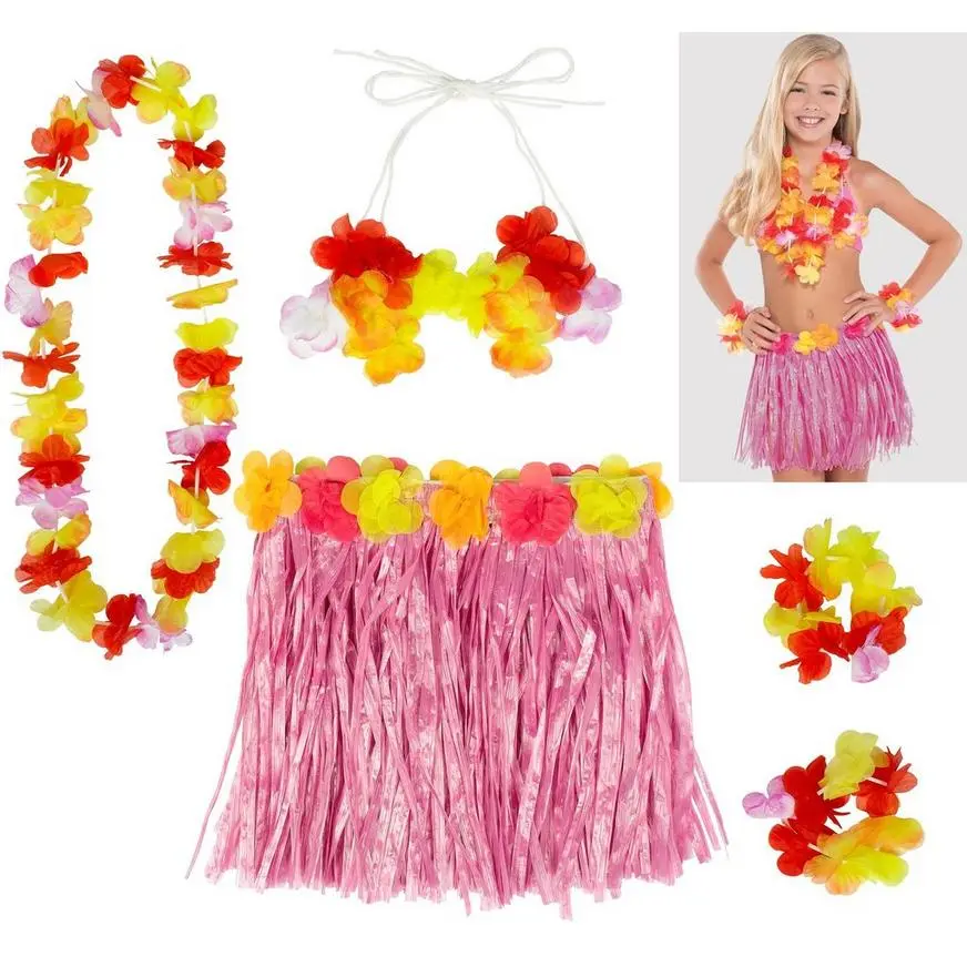 Child Pink Faux Grass Skirt Kit, 5pc