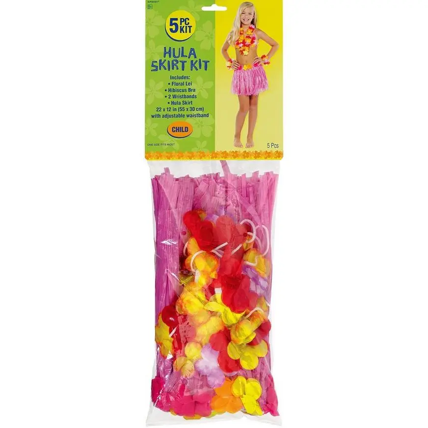 Child Pink Faux Grass Skirt Kit, 5pc - Image 2