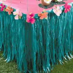 Aloha Faux Grass Plastic Fringe Table Skirt With Fabric Flowers, 9ft X 30in