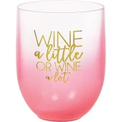 AMSCAN Pink Ombre Wine A Little Or Wine A Lot Plastic Stemless Wine Glass, 15oz
