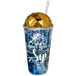AMSCAN Blue Glitter I Don't Give A Sip Plastic Tumbler With Straw, 16oz