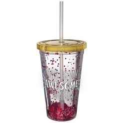 AMSCAN Pink Glitter This Is My Awesome Water Plastic Double Wall Tumbler With Straw, 16oz