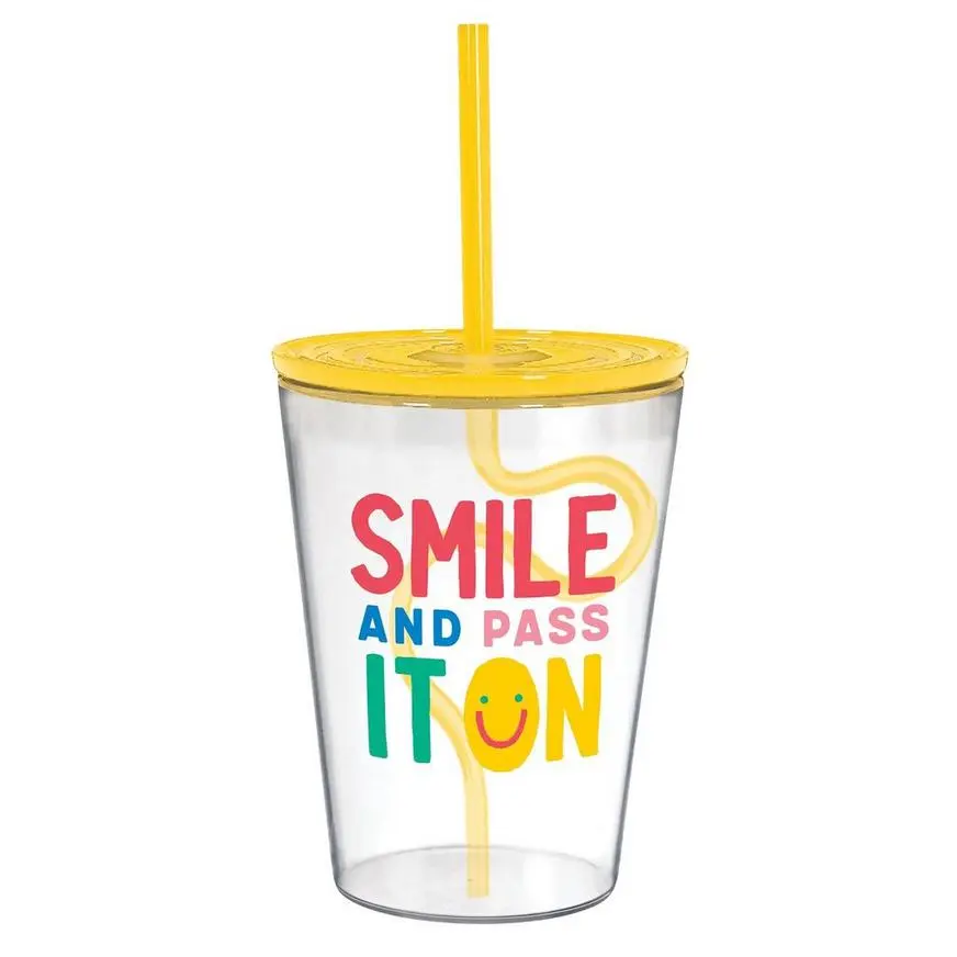 Smile & Pass It On Plastic Tumbler With Silly Straw, 12oz