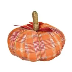 Orange Plaid Natural & Fabric Fall Pumpkin Decoration, 8in X 6in