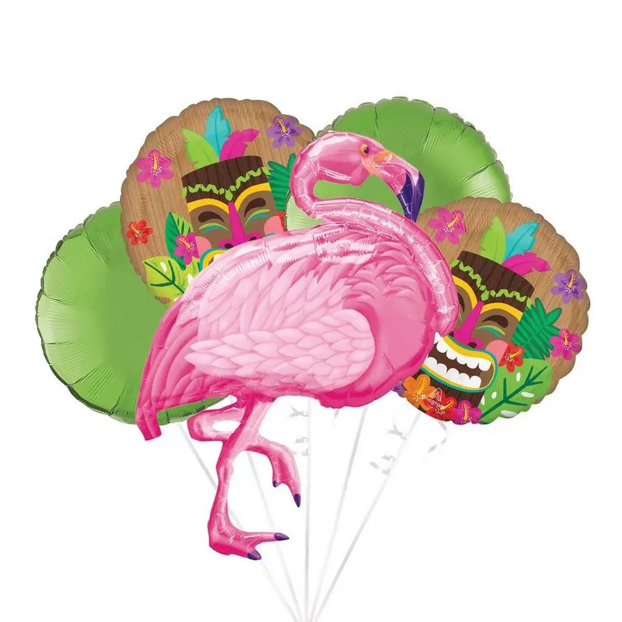 Tiki Flamingo Foil Balloon Bouquet, 5pc