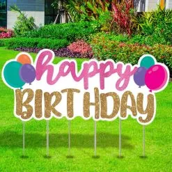 Gold & Pink Glitter Happy Birthday Corrugated Plastic Yard Sign, 67.6in X 30.7in