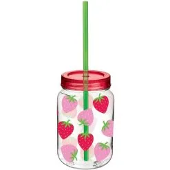 Summer Strawberry Plastic Mason Jar Cup With Straw, 16oz