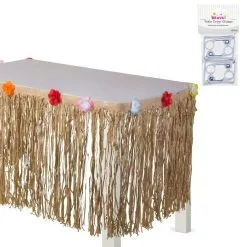Tan Faux Grass Tissue Paper Fringe Table Skirt With Multicolor Fabric Flowers & Table Cover Clips, 10ft X 29in