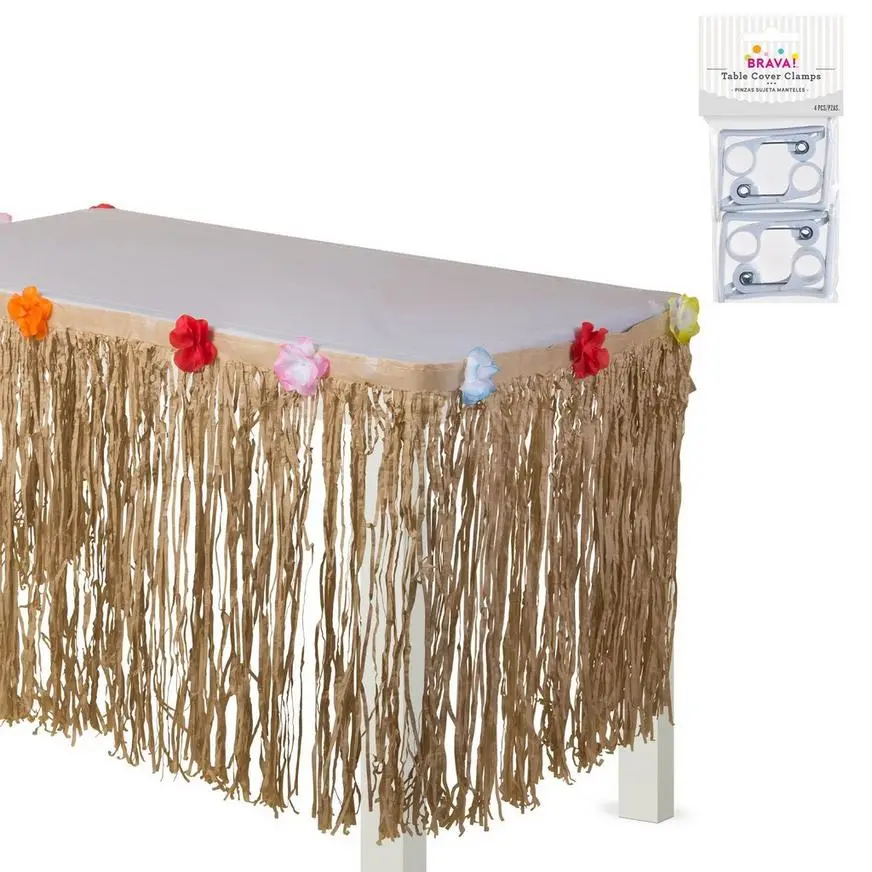 Tan Faux Grass Tissue Paper Fringe Table Skirt With Multicolor Fabric Flowers & Table Cover Clips, 10ft X 29in