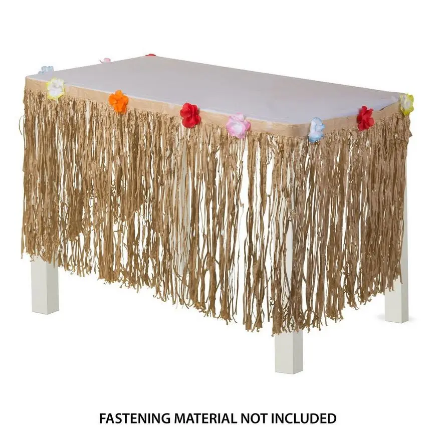Tan Faux Grass Tissue Paper Fringe Table Skirt With Multicolor Fabric Flowers & Table Cover Clips, 10ft X 29in - Image 3