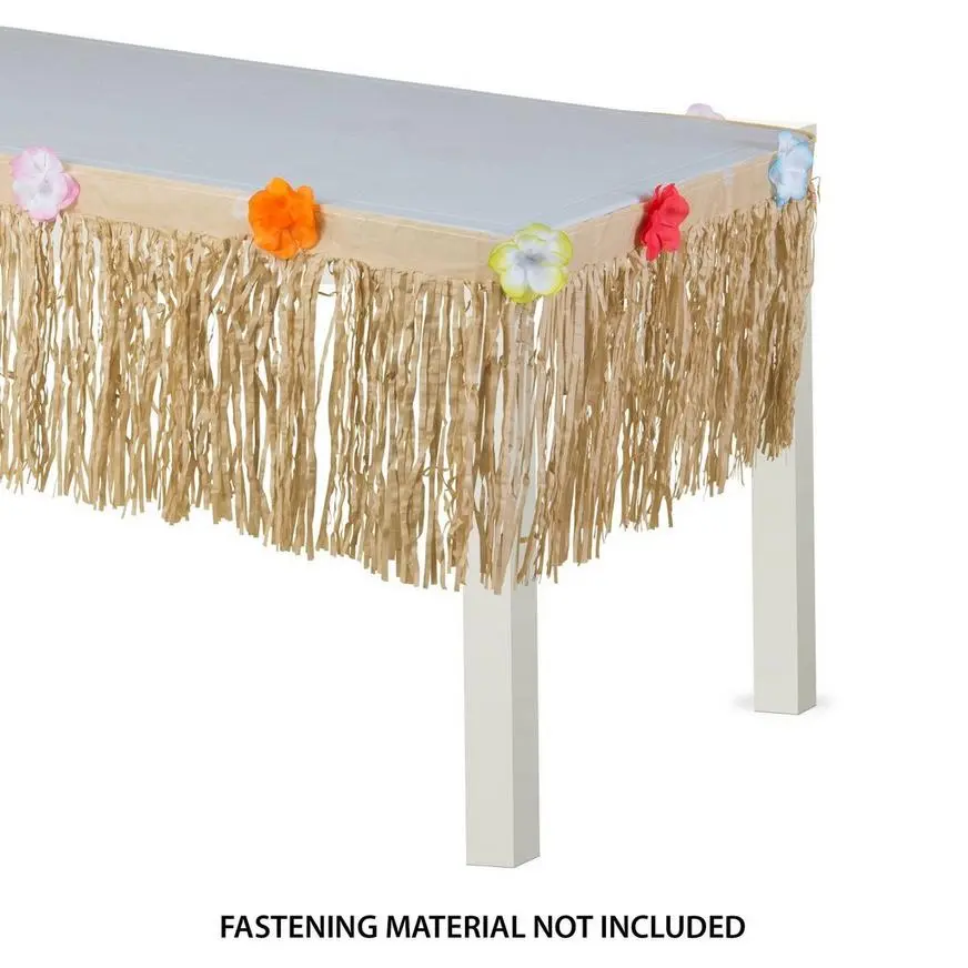 Tan Faux Grass Tissue Paper Fringe Table Skirt With Multicolor Fabric Flowers & Table Cover Clips, 9ft X 15in - Image 3