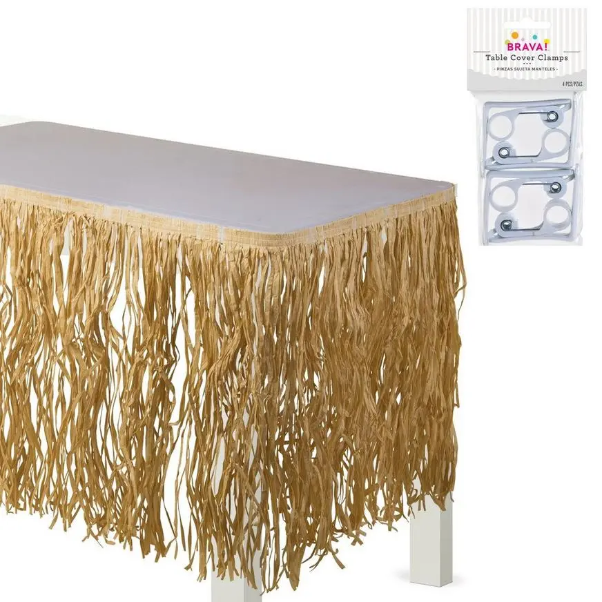 Tan Raffia Grass Fringe Table Skirt With Table Cover Clips, 9ft X 28in