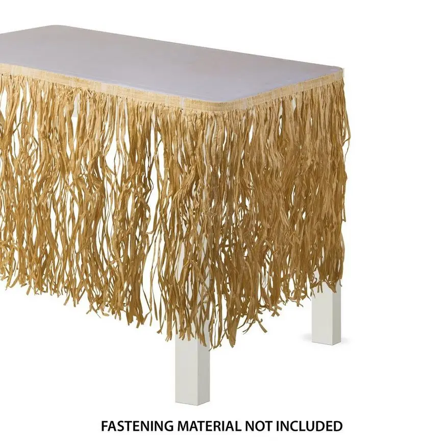 Tan Raffia Grass Fringe Table Skirt With Table Cover Clips, 9ft X 28in - Image 3