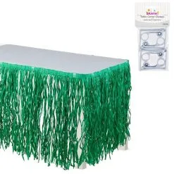 Green Faux Grass Tissue Paper Fringe Table Skirt With Table Cover Clips, 9ft X 29in