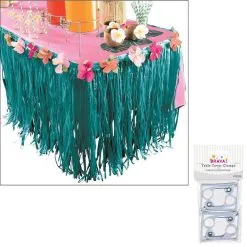Aloha Faux Grass Plastic Fringe Table Skirt With Fabric Flowers & Table Cover Clips, 9ft X 30in