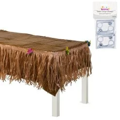 Faux Woven Luau Plastic Table Cover & Tan Raffia Grass Fringe Table Skirt With Flowers Set With Table Cover Clips