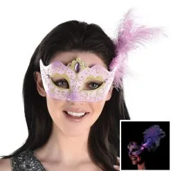 AMSCAN Adult Lavender & Gold Glitter Masquerade Mask With Light-Up Feathers