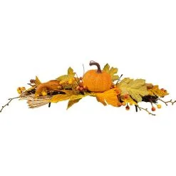 Pumpkins, Leaves & Wheat Natural & Synthetic Fall Centerpiece, 18in X 5in