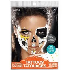 Black, White & Metallic Gold Glam Skull Temporary Face Tattoos With Gems, 44pc