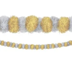 Gold & Silver Christmas Tinsel Pom-Pom Garland, 9ft