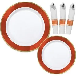 Premium Orange Border & Gold Tableware Kit For 20 Guests