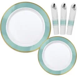 Premium Robin's Egg Blue Border & Gold Tableware Kit For 20 Guests