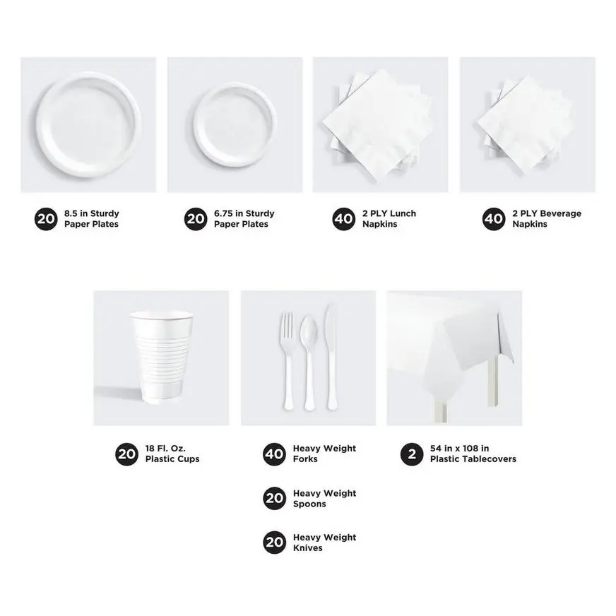 White Tableware Kit For 20 Guests, 222pc - Image 3