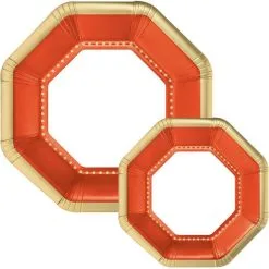 Octoganal Premium Paper Dinner (10.25in) & Dessert (7.5in) Plates With Orange & Gold Border, 20ct