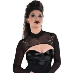 AMSCAN Adult Sheer Black Mock Neck Super Cropped Mesh Long Sleeve Top With Ring Details